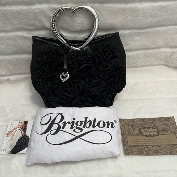 NWT Brighton “Kimbell” Satin & Leather Trim Bag w Rosettes & Heart Metal Handles - Picture 13 of 16